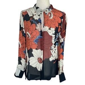 ECRU Silk Crinkle Chiffon Floral Cutout Keyhole Button Down Blouse - S